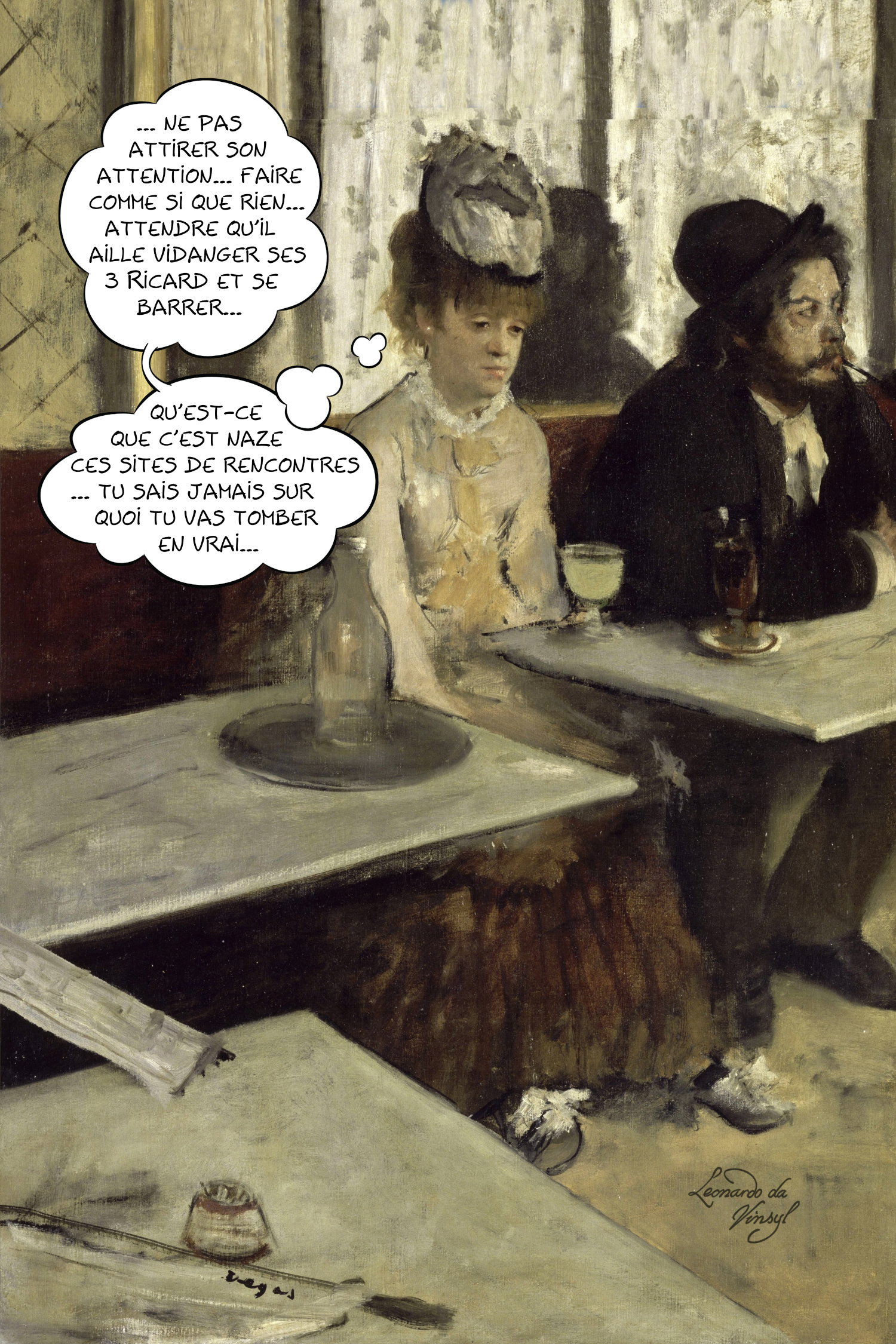Dans un café (L'absinthe), huile sur toile de Edgar Degas. Dans un café, un homme chevelu et barbu, avec un chapeau, le nez rougi, est attablé en train de fumer sa pipe. À la table voisine, une femme pensive à l'expression un peu inquiète pense 