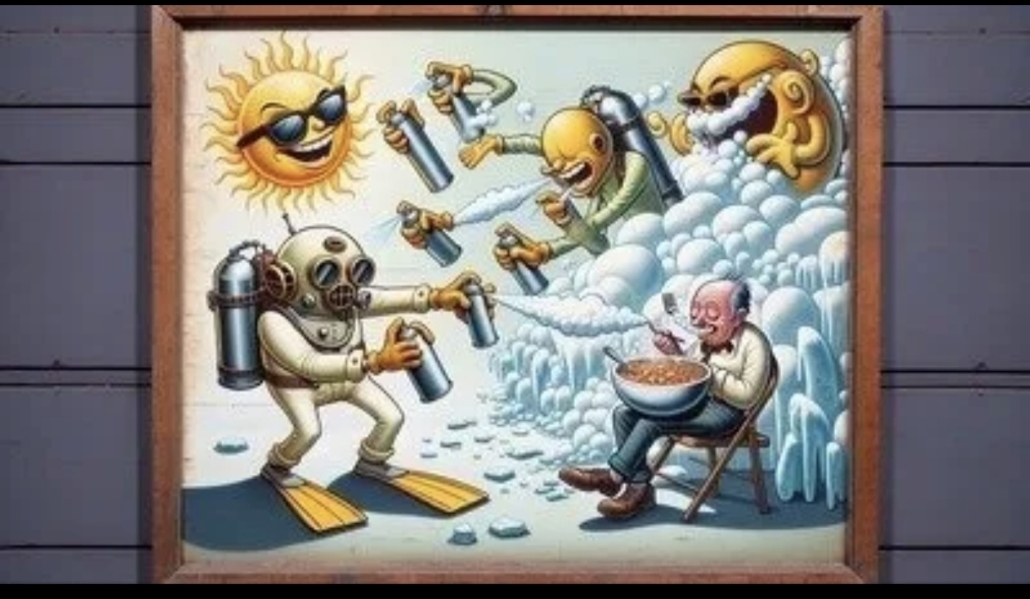 Image générée par IA façon dessin : des gens s'aspergent de bombe aérosol sous un soleil riant. À droite, un homme est assis en train de manger une grosse assiette de cassoulet