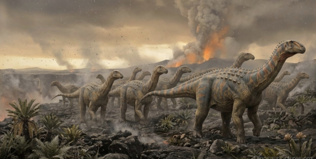 Capture d'écran de la scène d'un documentaire montrant des isisaurus parcourant une terre volcanique