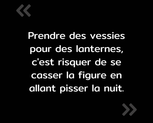 Texte de l'image : "Prendre des vessies pour des lanternes, c'est risquer de se casser la figure en allant pisser la nuit."