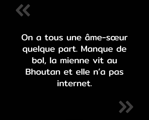 Texte de l'image : "On a tous une âme-sœur quelque part. Manque de bol, la mienne habite au Bhoutan et elle n'a pas internet."