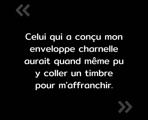 Texte de l'image : "Celui qui a conçu mon enveloppe charnelle aurait quand même pu y coller un timbre pour m'affranchir."