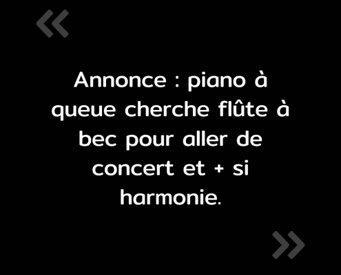 Texte de l'image : "Annonce : piano à queue cherche flûte à bec pour aller de concert et + si harmonie."
