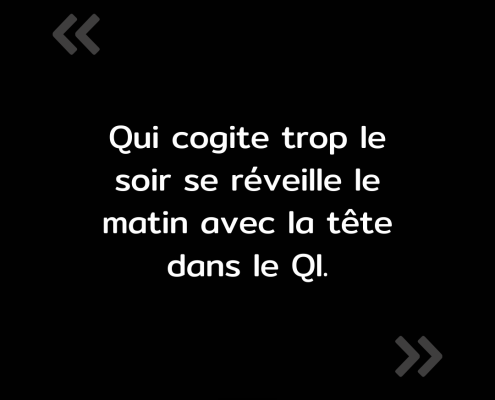 Texte de l'image : "Qui cogite trop le soir se réveille le matin avec la tête dans le QI."