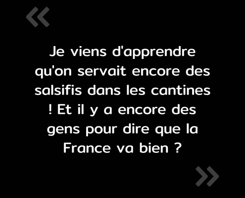 Texte de l'image : "Je viens d'apprendre qu'on servait encore des salsifis dans les cantines. Et il y a encore des gens pour dire que la France va bien ?"