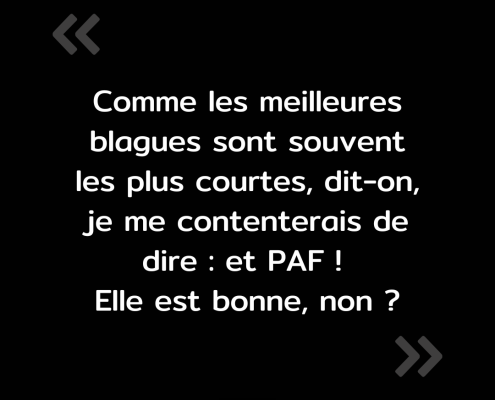 Texte de l'image : "Comme les meilleures blagues sont souvent les plus courtes, dit-on, je me contenterais de dire : "et PAF !" Elle est bonne, non ?"