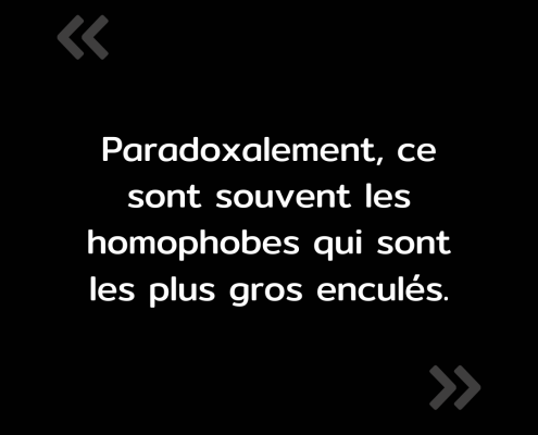 Texte de l'image : "Paradoxalement, ce sont souvent les homophobes qui sont les plus gros enculés."