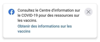 Capture d'écran d'un avertissement sanitaire de Facebook