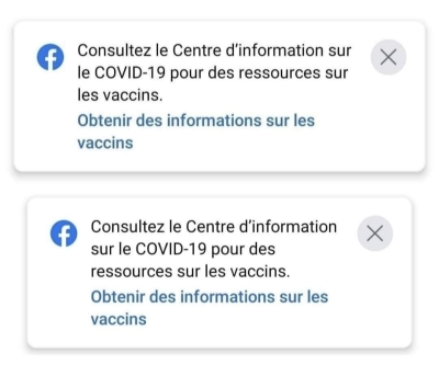 Capture d'écran d'un avertissement sanitaire Facebook sous lequel figure un autre avertissement