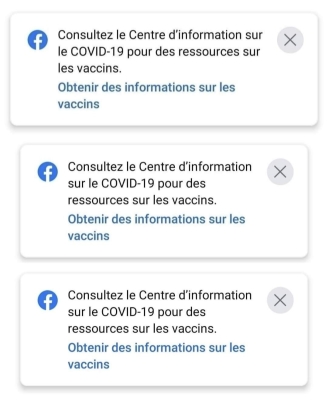 Capture d'écran d'un avertissement sanitaire Facebook sous lequel figure deux autres avertissements