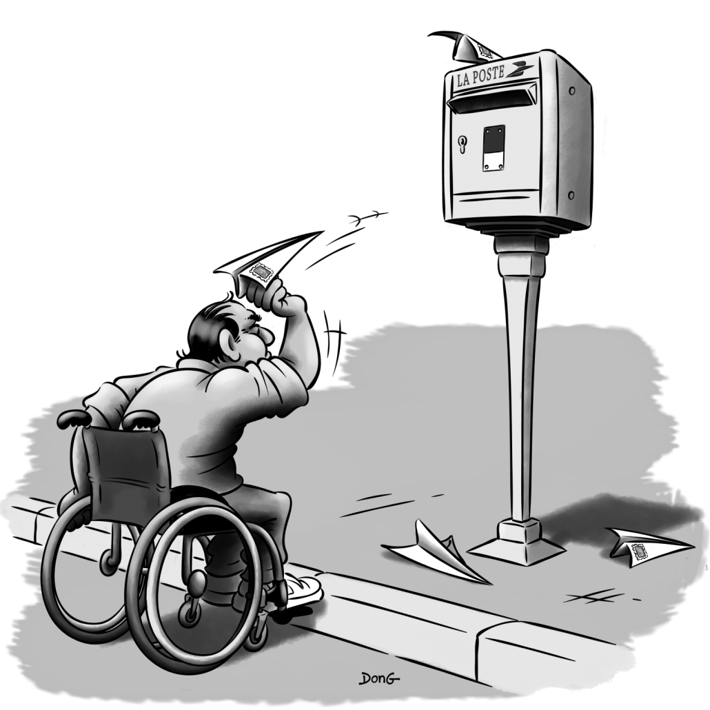 Dessin : un homme en fauteuil roulant essaie de lancer des courriers pliés sous forme d'avions dans une boîte aux lettres de la Poste. 