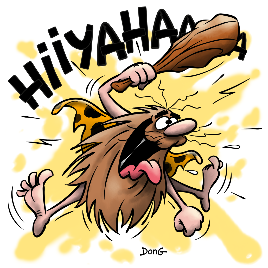 Dessin du Capitaine Caverne hurlant de joie en brandissant son gourdin