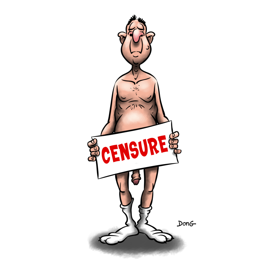 Dessin représentant un homme presque nu, il n'a que ses chaussettes comme habits, tenant une pancarte 