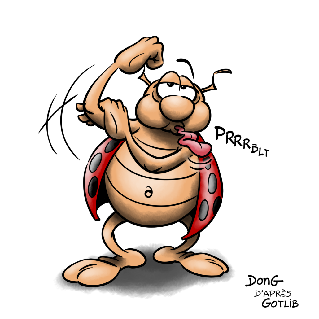 Dessin représentant la coccinelle de Gotlib en train de tirer la langue et de faire un bras d'honneur.