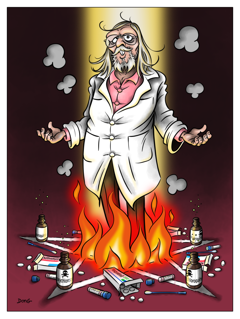 Dessin du Professeur Didier Raoult, debout au milieu d'un pentagramme en feu. Par terre autour de lui sont disposés des tests PCR de dépistage du Covid-19, des boîtes de médicaments (Plaquénil, Azithromycine) et des flacons de Chloroquine et d'hydroxychloroquine