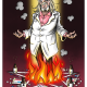 Dessin du Professeur Didier Raoult, debout au milieu d'un pentagramme en feu. Par terre autour de lui sont disposés des tests PCR de dépistage du Covid-19, des boîtes de médicaments (Plaquénil, Azithromycine) et des flacons de Chloroquine et d'hydroxychloroquine