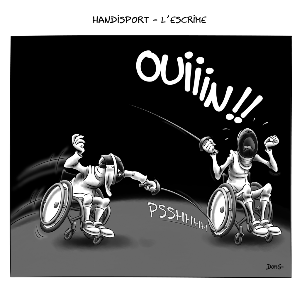Dessin : deux escrimeurs en fauteuil roulant de sport. Avec son fleuret, l'un a crevé le pneu du fauteuil roulant de l'autre, qui pleure. 