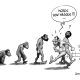 Dessin représentant l'évolution de l'Homme de l'australopithèque à l'homme moderne. Ce dernier, en tête de cortège, fait demi-tour, énervé, en disant « Merde, mon masque ! »