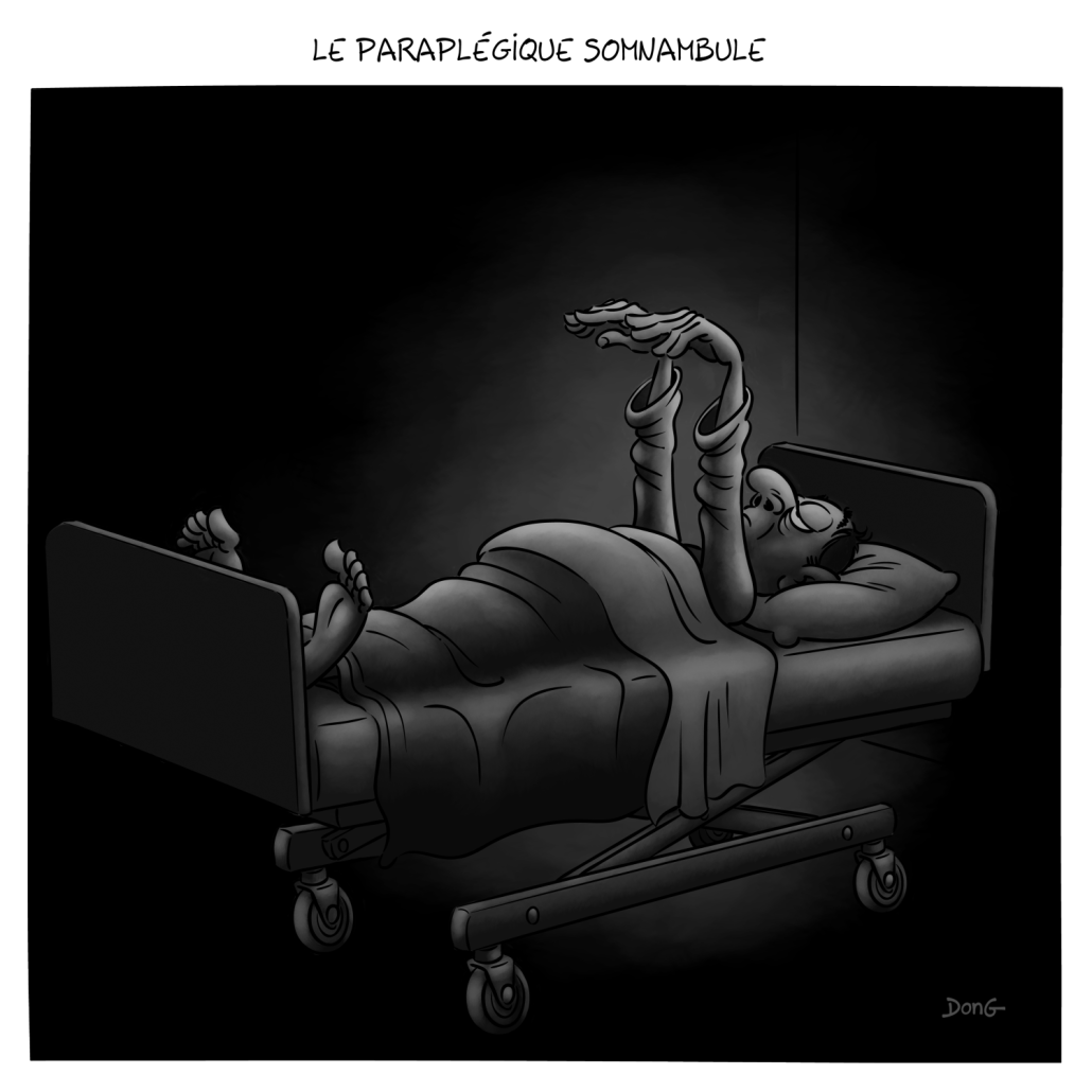 Dessin : Le paraplégique somnambule". Un homme allongé dans un lit médicalisé, la nuit, les yeux clos et les bras tendus en avant. 