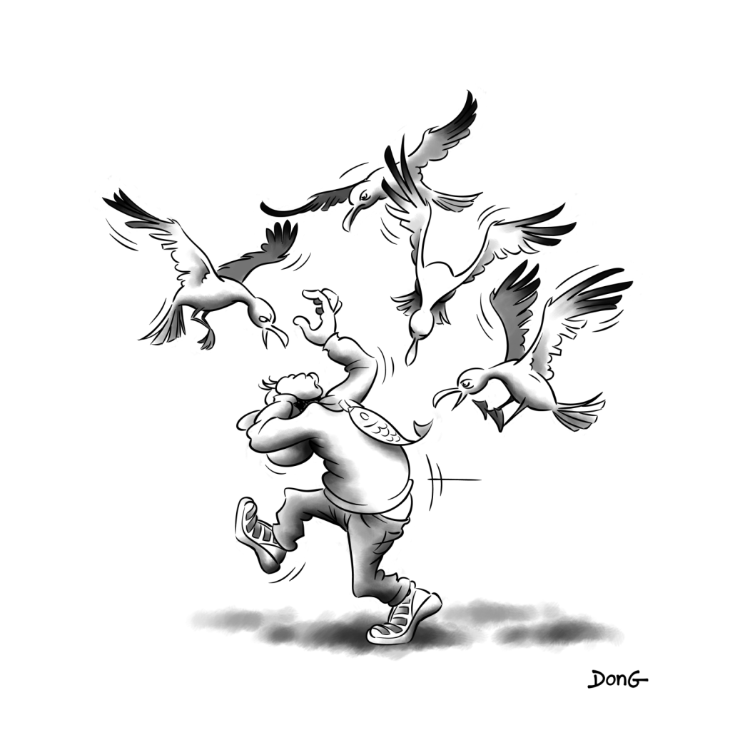 Dessin : un homme se fait attaquer par des goélands qui convoitent le poisson d'avril accroché dans son dos. 