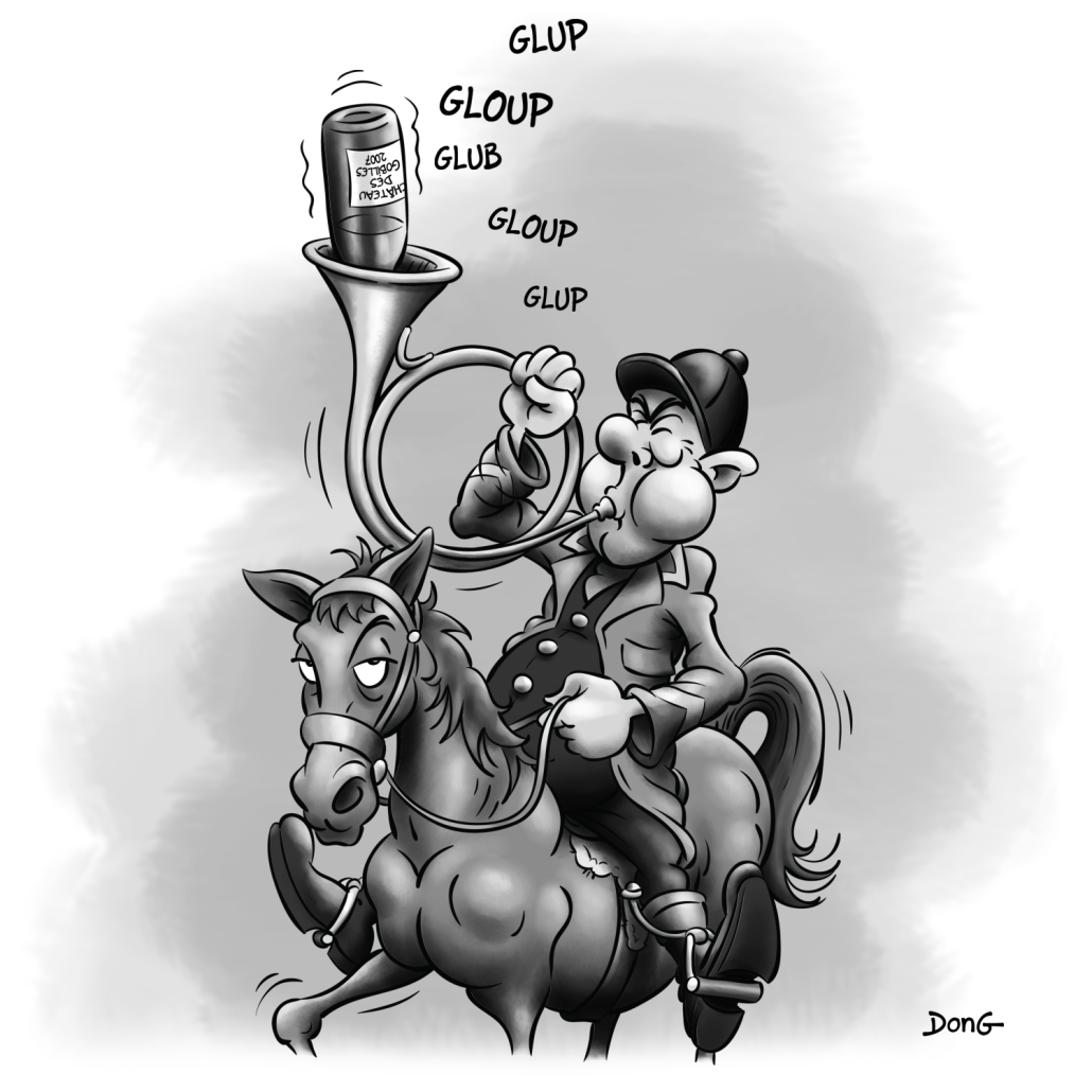 Dessin d'un cavalier de chasse à courre. Il aspire dans un cor de chasse dans lequel est placée une bouteille de vin rouge.