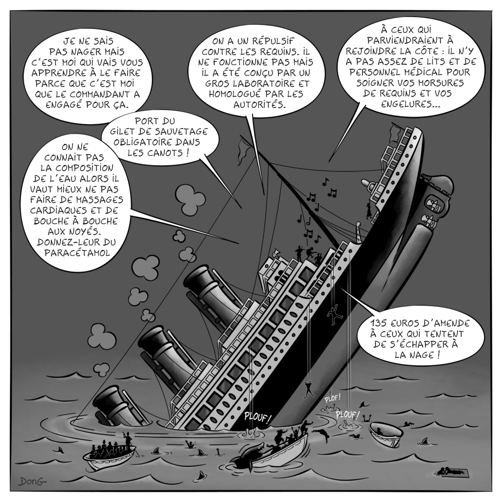 Bande-dessinée en 4 cases. Deuxième case : le Titanic est en train de couler, planté presque à la verticale au milieu de l'eau. Des personnes tombent dans l'eau du haut du bateau, en bas des requins les attendent. Des canots de sauvetage remplis de gens tentent de s'éloigner. Sur le bateau, l'orchestre continue à jouer, l'un des trois musiciens est remplacé par la silhouette d'Angus Young jouant de la guitare électrique. Des bulles de texte pointent vers le poste de commandement.Bulle 1 : 