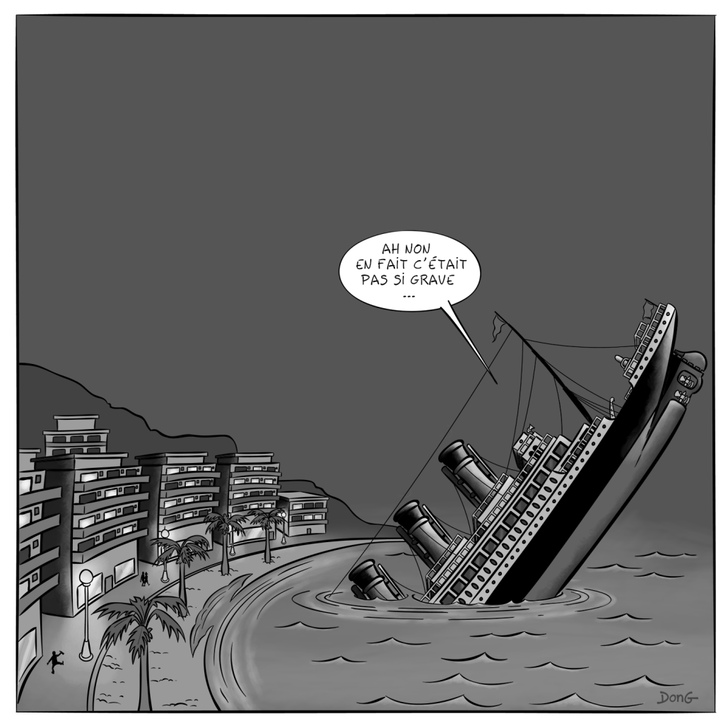 Bande-dessinée en 4 cases. Troisième case : vue reculée du Titanic en train de couler, planté presque à la verticale au milieu d'une baie à côté de laquelle s'étale une ville côtière. Une bulle de texte pointe vers le poste de commandement : 