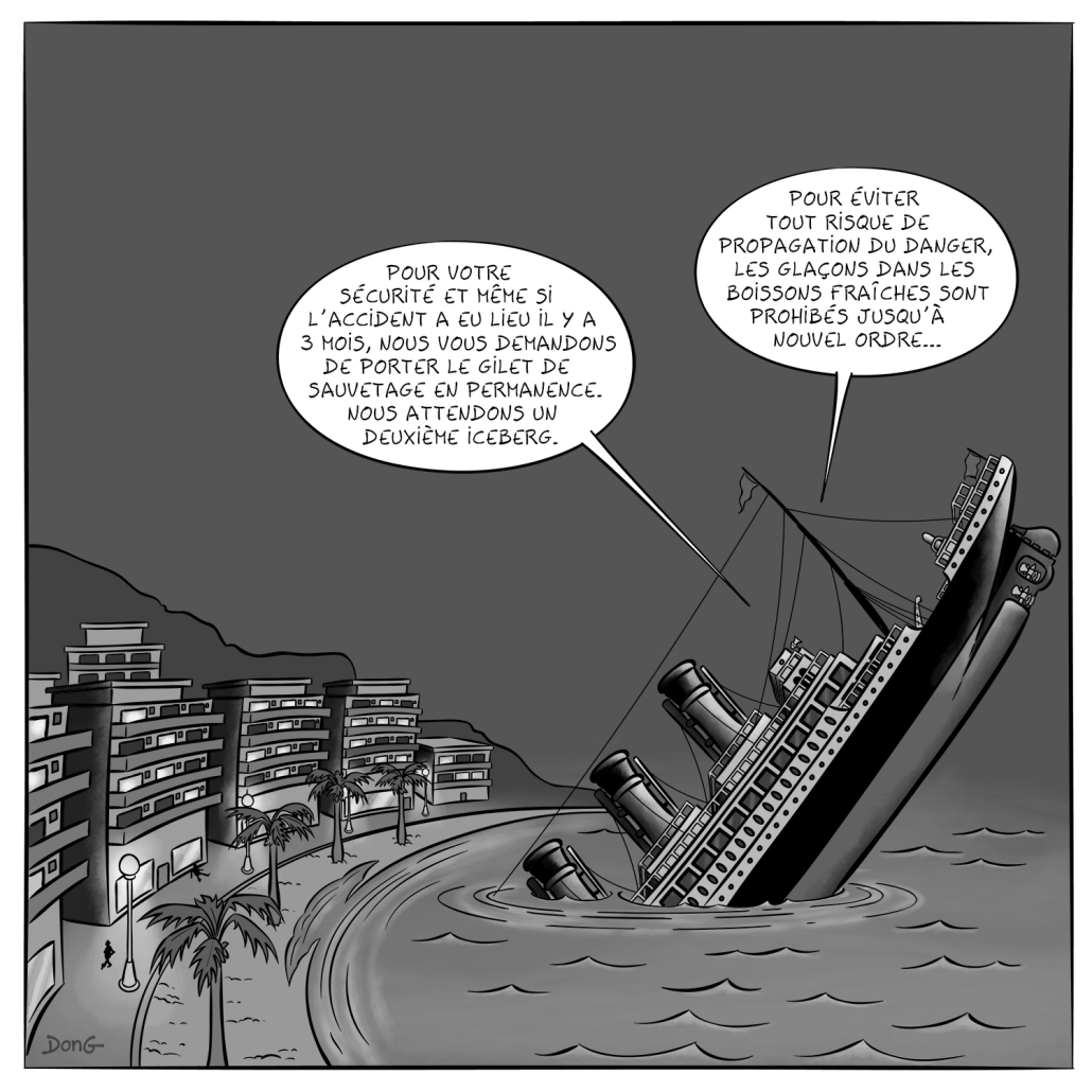 Bande-dessinée en 4 cases. Quatrième case : le Titanic est planté presque à la verticale au milieu de la baie d'une ville côtière. Des bulles de texte pointent vers le poste de commandem ent.Bulle 1 : 
