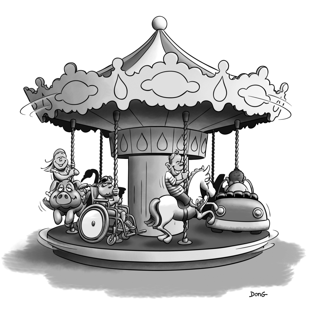 Dessin d'un carrousel avec des enfants souriants qui s'amusent sur des voitures, chevaux, cochons, tandis qu'un autre fait la gueule sur un fauteuil roulant. 