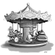 Dessin d'un carrousel avec des enfants souriants qui s'amusent sur des voitures, chevaux, cochons, tandis qu'un autre fait la gueule sur un fauteuil roulant.