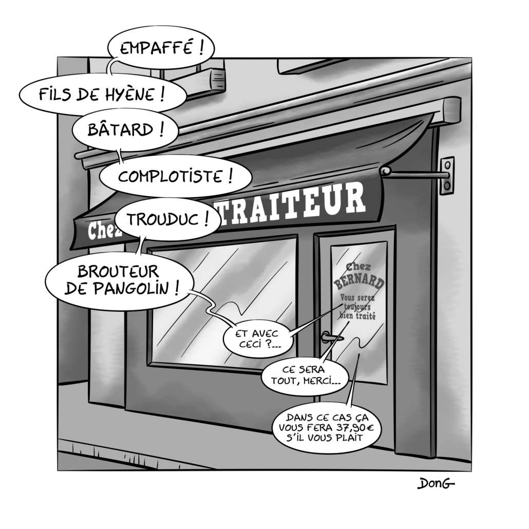 Dessin d'une boutique de traiteur. Sur la porte est écrit 