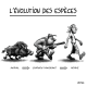 Dessin imitant le schéma de l'évolution de l'Homme, et représentant un sanglier (sous-titre : "Animal"), un chasseur avec une tête porcine (sous-titre : "Chaînon manquant") puis un homme (sous-titre : "homme"). Titre : L'évolution des espèces