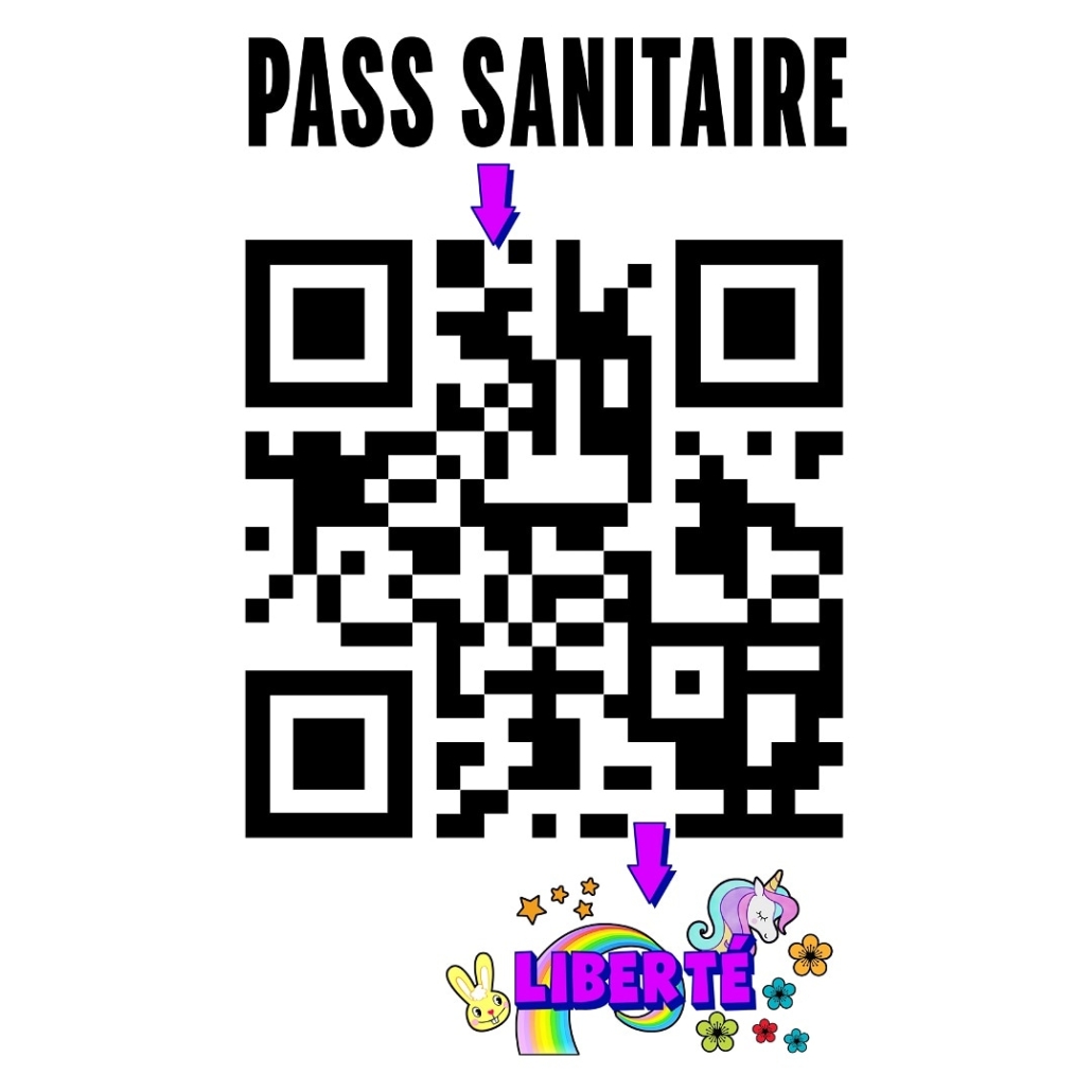 Illustration représentant un labyrinthe sous forme de QR Code, avec une entrée et une sortie vers le mot "liberté" orné de symboles de joie (lapin, licorne, étoiles, arc-en-ciel) 
