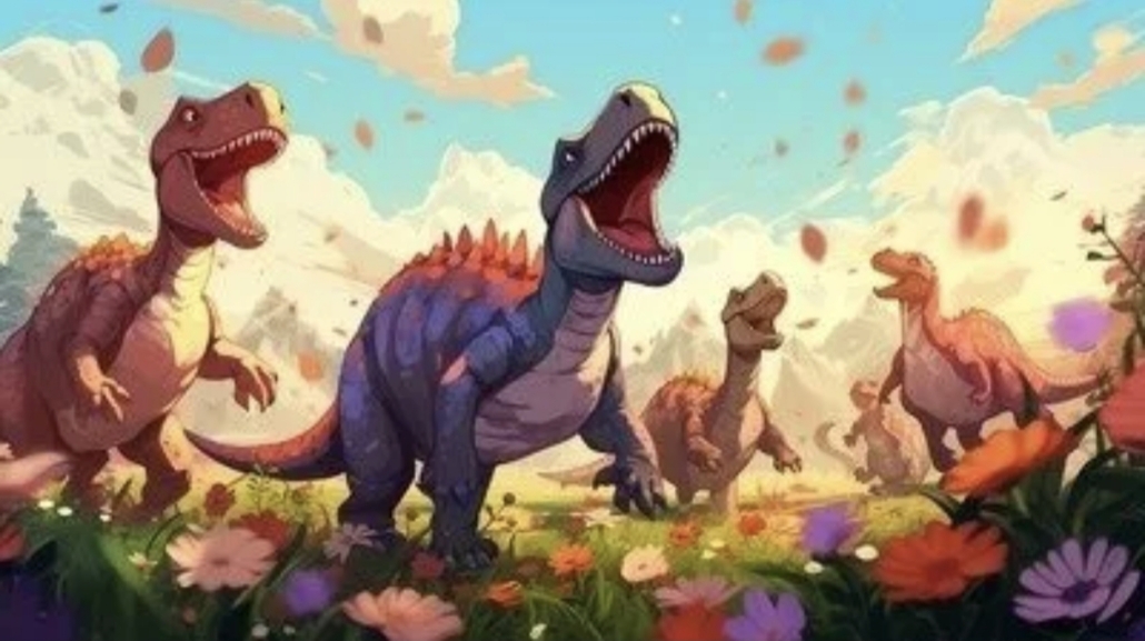 Image générée par IA : des dinosaures sautillent gaiement dans un champ coloré avec des fleurs et des papillons