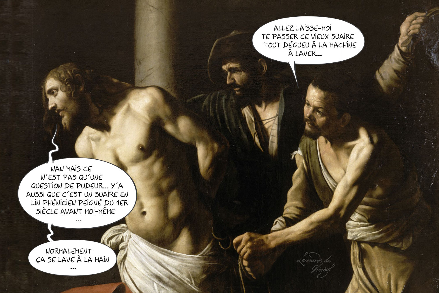 Le Caravage : Le Christ à la colonne. Jésus est représenté contre une colonne, un garde tient une cordelette au niveau du suaire du Christ tandis qu'un autre lève le bras avec ce qui semble être un fouet. Jésus dit 